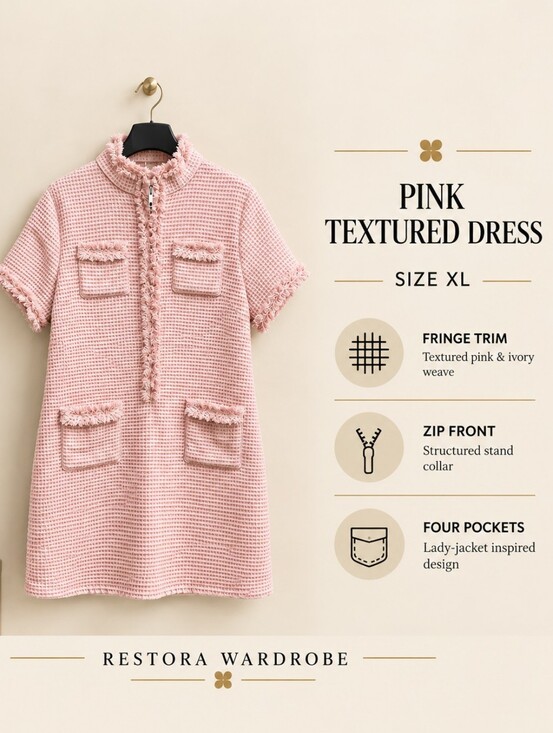 Source Unknown Dresses & Skirts - Pink Textured Tweed Shift Dress Fringe Trim Zip Front Size XL Lady Jacket
